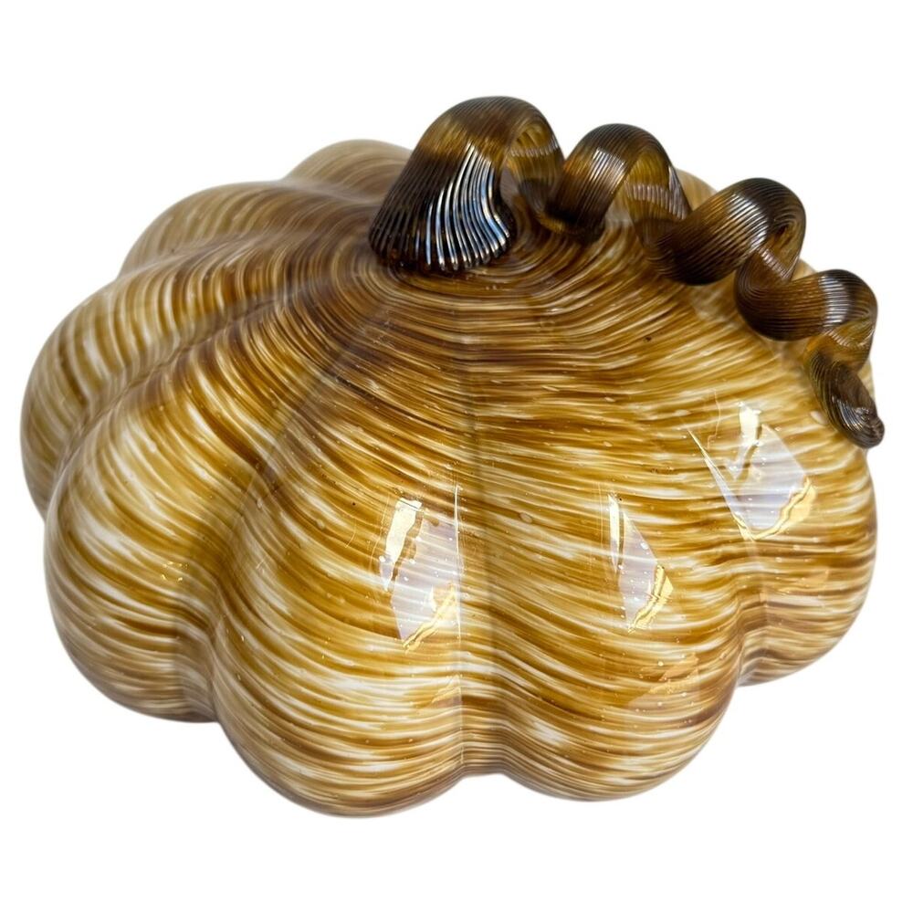 Handblown Glass Pumpkin Fall Harvest Decor Amber Brown Swirl 9”x5.5”